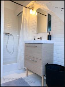 a bathroom with a sink and a mirror and a shower at La Normandie by Minnie in Vernon