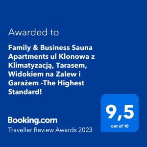 a screenshot of a phone with the words awarded to family and business sauna apartments at Family & Business Sauna Apartments Klonowa nad Zalewem, Unikat SPA - 2 Bedroom with Private Sauna, Jacuzzi, Spectacular Terrace, Air Conditioning, Garage - The Highest Standard! in Kielce