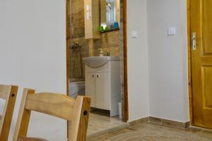 a small bathroom with a sink and a mirror at Demetrovics Udvarház in Eger