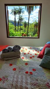 Un dormitorio con una ventana con flores rojas en una cama en Pousada Sempre Luz, en Santana do Riacho