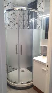 a shower with a glass door in a bathroom at Studio 2 lits jumeaux 1 station Tram aéroport Orly in Athis-Mons