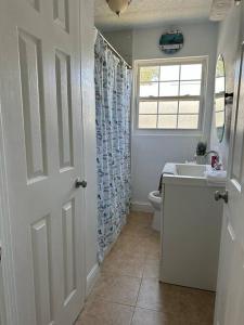 a bathroom with a sink and a toilet and a window at The perfect Gulfport Fl Getaway! in St. Petersburg