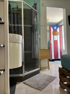 - une douche en verre dans une chambre avec drapeau américain dans l'établissement Coqui del Mar - LGBTQ Hotel - Adults Only, à San Juan