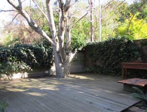 a wooden deck with a tree and a bench at Lovely 1-bedroom rental with a pool in Cape Town