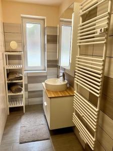 ein Badezimmer mit Waschbecken und Fenster in der Unterkunft Ferienwohnung Alte Schule 4 "Hermann Lietz" in Mellenbach-Glasbach