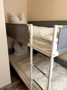 2 Etagenbetten mit Kissen auf einem Zimmer in der Unterkunft Ferienwohnung Alte Schule 4 "Hermann Lietz" in Mellenbach-Glasbach