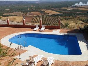 - une piscine avec des chaises et une vue sur un vignoble dans l'établissement Complejo rural Mirador del Condado, à Castellar de Santisteban