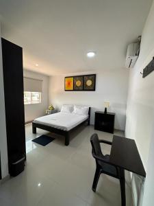 1 dormitorio con cama, silla y escritorio en Hotel River Side, en San Martín