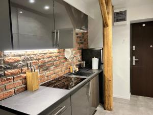 a kitchen with a sink and a brick wall at Apartament Bronowice in Krakow