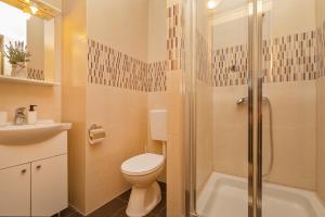 uma casa de banho com um WC, um chuveiro e um lavatório. em BIS Apartment 3 em Dubrovnik