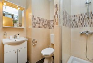 uma casa de banho com um WC, um lavatório e um chuveiro em BIS Apartment 3 em Dubrovnik