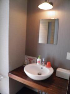 a bathroom with a white sink and a mirror at Wakanoyu in Chikuma +11 photos