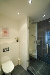 ブダペストにあるHolló 12 Apartmentのバスルーム(シャワー、トイレ、ガラス張りのシャワーブース付)