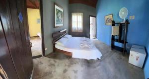 a bedroom with a bed in a room with blue walls at Pousada Veredas, Café e 08 cachoeiras na propriedade incluso ! in Cavalcante