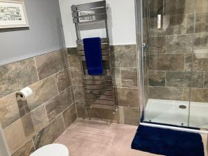 a bathroom with a shower with a toilet and a glass door at Kirkview in Johnshaven