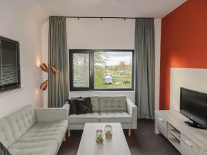 een woonkamer met een bank en een tv bij Beautiful luxury holiday home with rural character in Ruinerwold