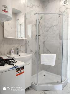 uma casa de banho com um chuveiro e um lavatório. em Apartmets Domovik Вместительная трьохкомнатная квартира em Mukacheve