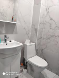 uma casa de banho branca com um WC e um lavatório em Apartmets Domovik Вместительная трьохкомнатная квартира em Mukacheve