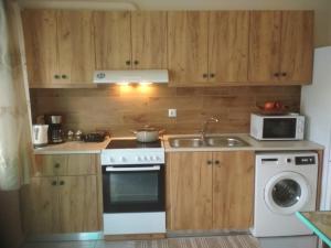 Rhodes Heaven Apartment في Malona Village: مطبخ مع موقد ومغسلة وميكروويف