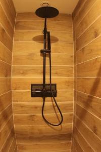 una ducha con una luz en una pared de madera en Logement indépendant appartement T2 bis style loft, en La Vraie-Croix