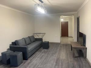 ein Wohnzimmer mit einem grauen Sofa und einem TV in der Unterkunft 3 Cosy apartment near Airport EVN in Yerevan