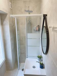 bagno con lavandino bianco e specchio di La Mimi, Grand T2 hyper centre ville a Fontenay-le-Comte