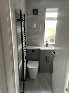 La salle de bains est pourvue de toilettes, d'un lavabo et d'un miroir. dans l'établissement VA Home Stay, à Luton