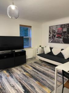 a living room with a couch and a flat screen tv at Stunning Studio Flat - Free Parking - 3 min from Sutton Station in Sutton