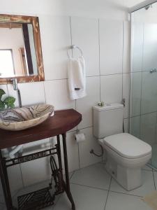 uma casa de banho com um WC, um lavatório e um espelho. em Pedacinho do céu em Tiradentes