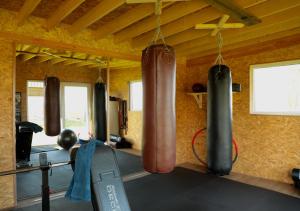 ein Fitnessstudio mit zwei Sandsäcken, die an der Decke hängen in der Unterkunft Annense Pracht in Annen