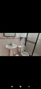 a bathroom with a toilet and a sink at Casa de Campo EL LAGUITO - Mesa de los Santos in Los Santos