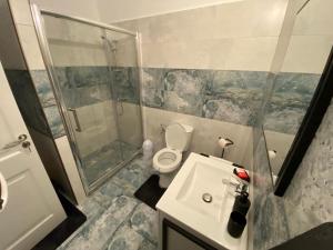 a bathroom with a toilet and a shower and a sink at TEN APARTAMENT in Eforie Nord