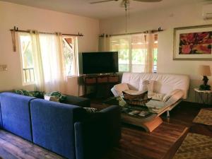 a living room with a couch and a coffee table at Charming Country Cottage on quiet street just a few steps from the beach! in Waianae