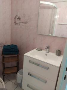 a bathroom with a sink and a mirror and a toilet at Abri Côtier-3 étoiles-vue imprenable sur port de plaisance in Fécamp +11 photos