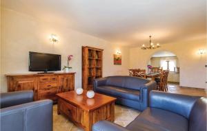uma sala de estar com mobiliário de couro azul e uma televisão de ecrã plano em Stunning Home In Turcic With Kitchen em Vantacići