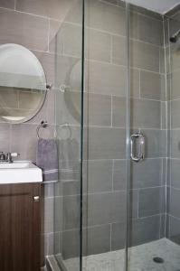 a shower with a glass door next to a sink at LUXE Private & Modern Close to New York City in New Rochelle