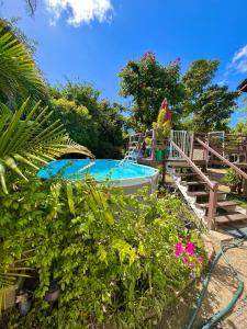 a swimming pool in a garden with plants and flowers at Cozy 1 bedroom cottage w/pool in Bridgetown