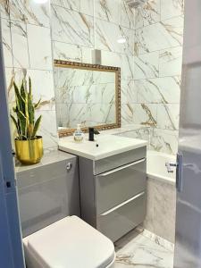 a bathroom with a toilet and a sink and a mirror at Lovely 3 Bed Apartment Near QE Hospital Harborne Birmingham New in Birmingham