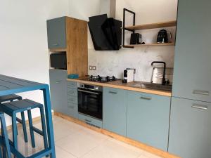a kitchen with blue cabinets and a stove top oven at Le Pavillon du trou d'eau in La Saline les Bains