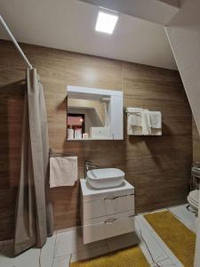 La salle de bains est pourvue d'un lavabo, de toilettes et d'un miroir. dans l'établissement Holiday house with a parking space Sveti Ivan Zelina, Prigorje - 20725, à Sveti Ivan Zelina
