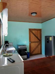 cocina con fregadero, nevera y puerta en Casa Beli, en Monteverde