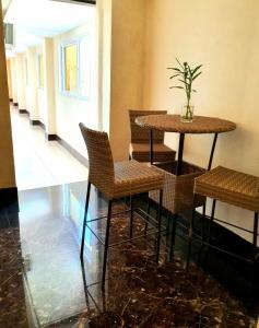 een kamer met een tafel en stoelen met een plant erop bij Anton's Inn in Balanga