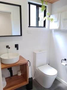 a bathroom with a white toilet and a sink at La maison noire in Maleny