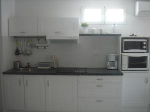 kuchnia z białymi szafkami i białymi urządzeniami w obiekcie Beau T2 climatisé avec garage, 4 couchages, Balaruc-les-Bains - FR-1-680-13 w mieście Balaruc-les-Bains