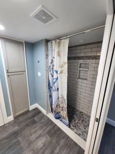 une salle de bain avec une douche avec un rideau de douche dans l'établissement Paradise on Lake Harris Apt #101, à Leesburg