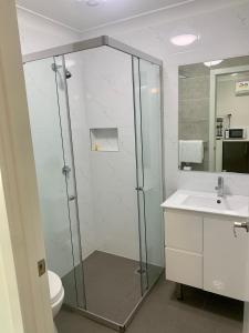 a bathroom with a shower and a sink and a toilet at Singleton Valley Accommodation in Singleton