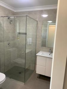a bathroom with a glass shower and a sink at Singleton Valley Accommodation in Singleton