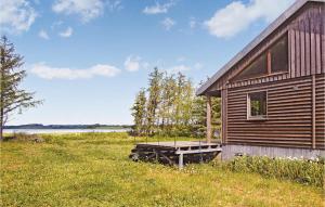 una cabaña de madera en un campo junto a un lago en Amazing Home In Erslev With 3 Bedrooms And Wifi en Vester Jølby