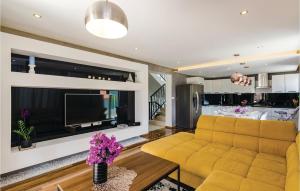 salon z żółtą kanapą i telewizorem w obiekcie Nice Home In Zaton Veliki With Kitchen w mieście Zaton