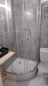 a bathroom with a shower and a toilet at MONA Hotelik Tani nocleg centrum Elbląg in Elblag